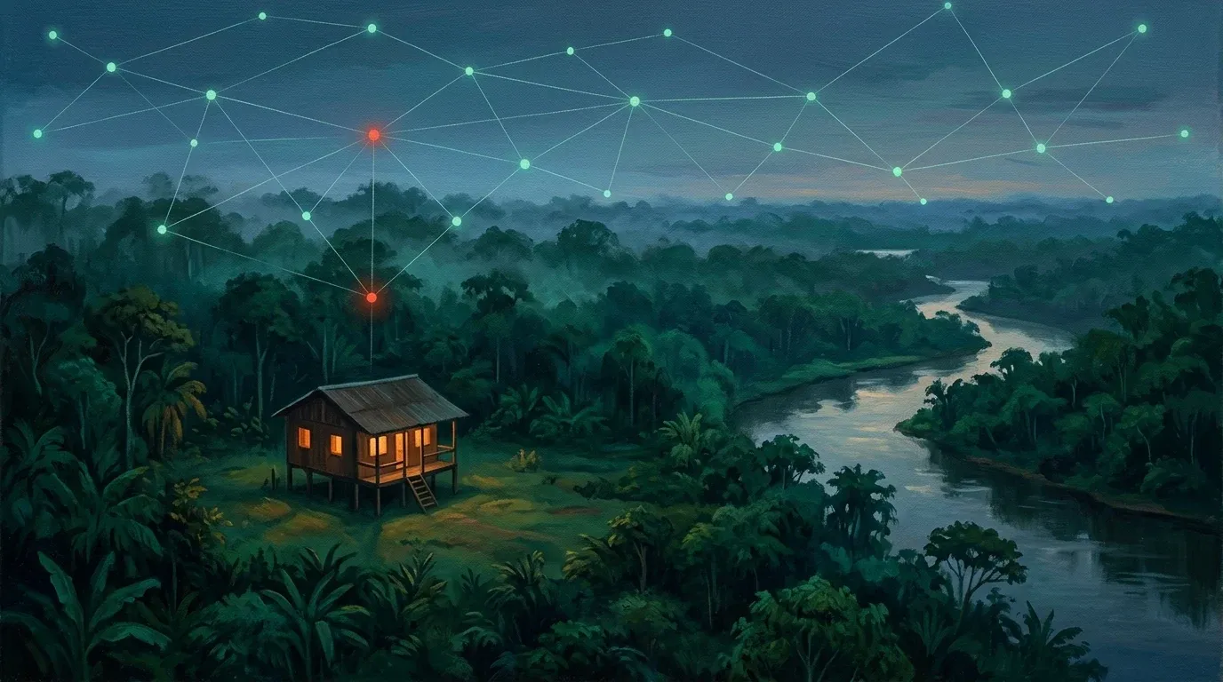 Una casa de madera con las ventanas encendidas, sola en un claro de la selva amazónica al anochecer, junto a un río. En el cielo, una red de puntos verdes unidos por líneas y, sobre la casa, un punto rojo.